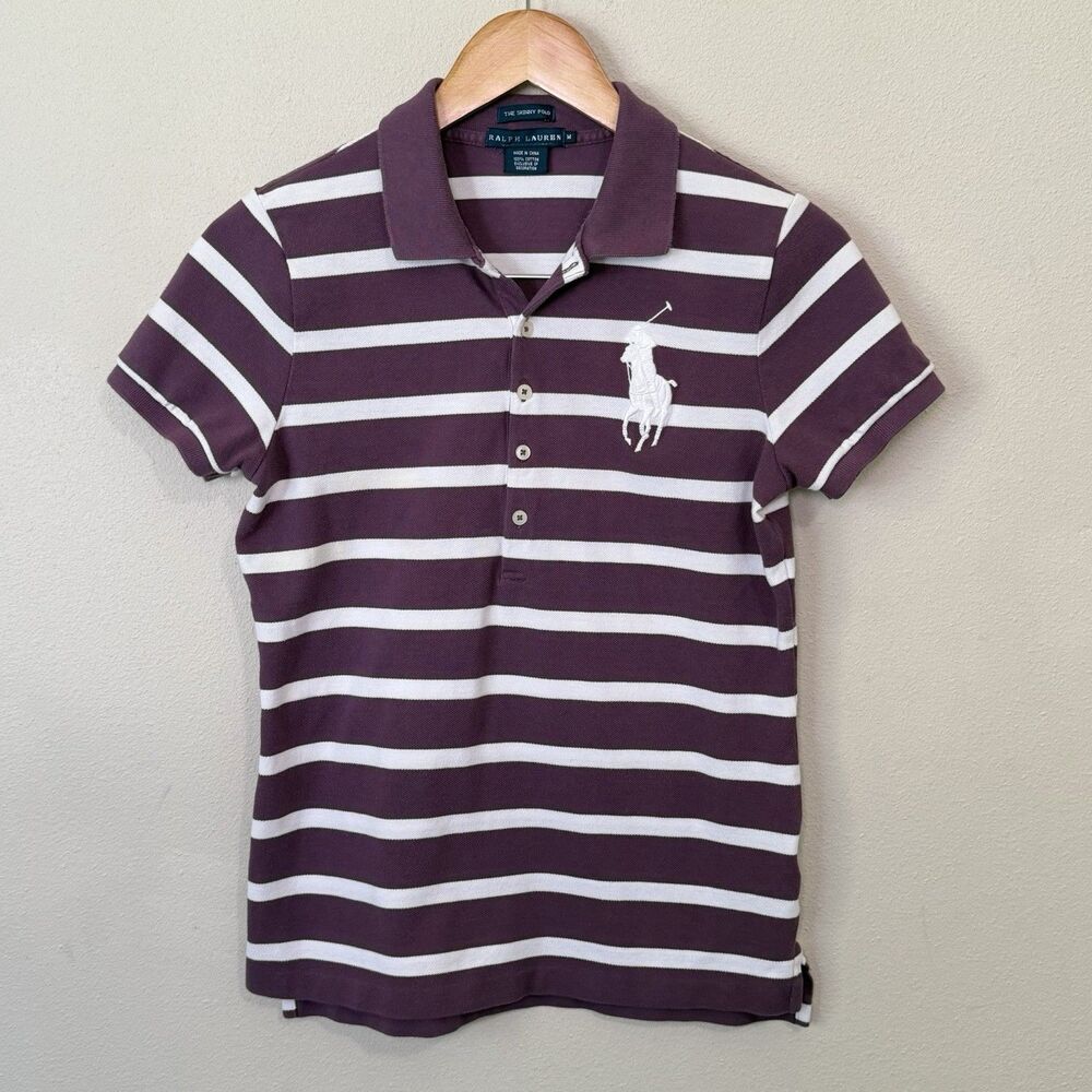 Ralph Lauren Skinny Polo Shirt Womens M Purple White Striped Big Pony Preppy